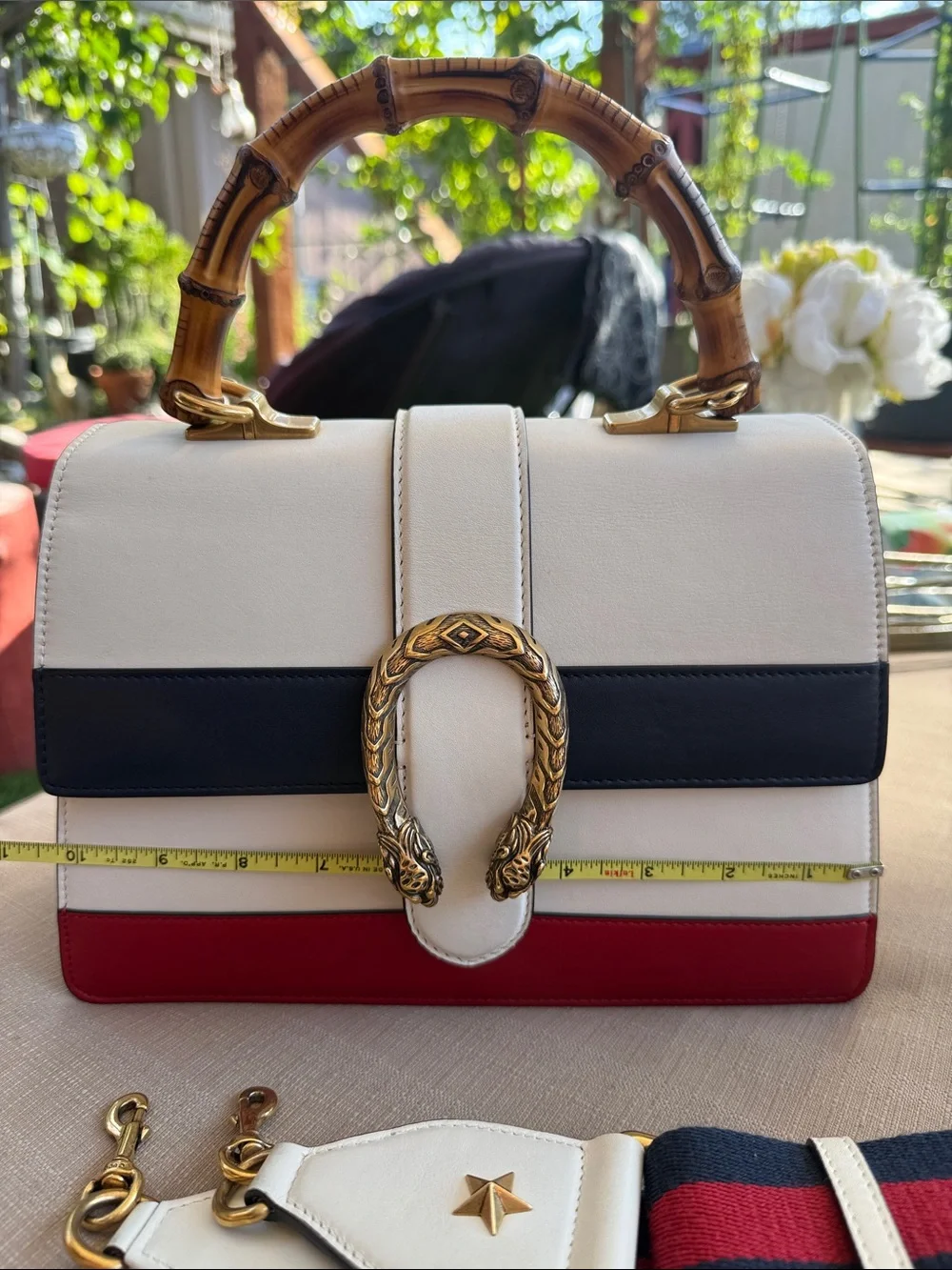 Gucci Bamboo-Handle Tricolor Top-Handle Bag - White, Navy & Red